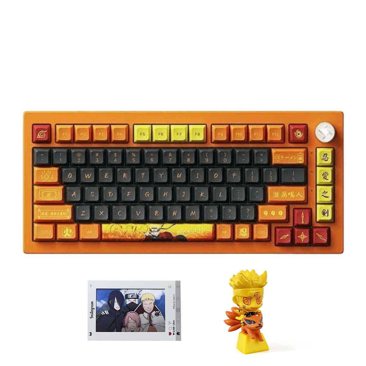 Uzumaki Naruto Themed Mechanical Keyboard, Hot-Swappable RGB Gaming Keyboard with Custom PBT Keycaps, Knob Control & Anime Style Artisan Keycap