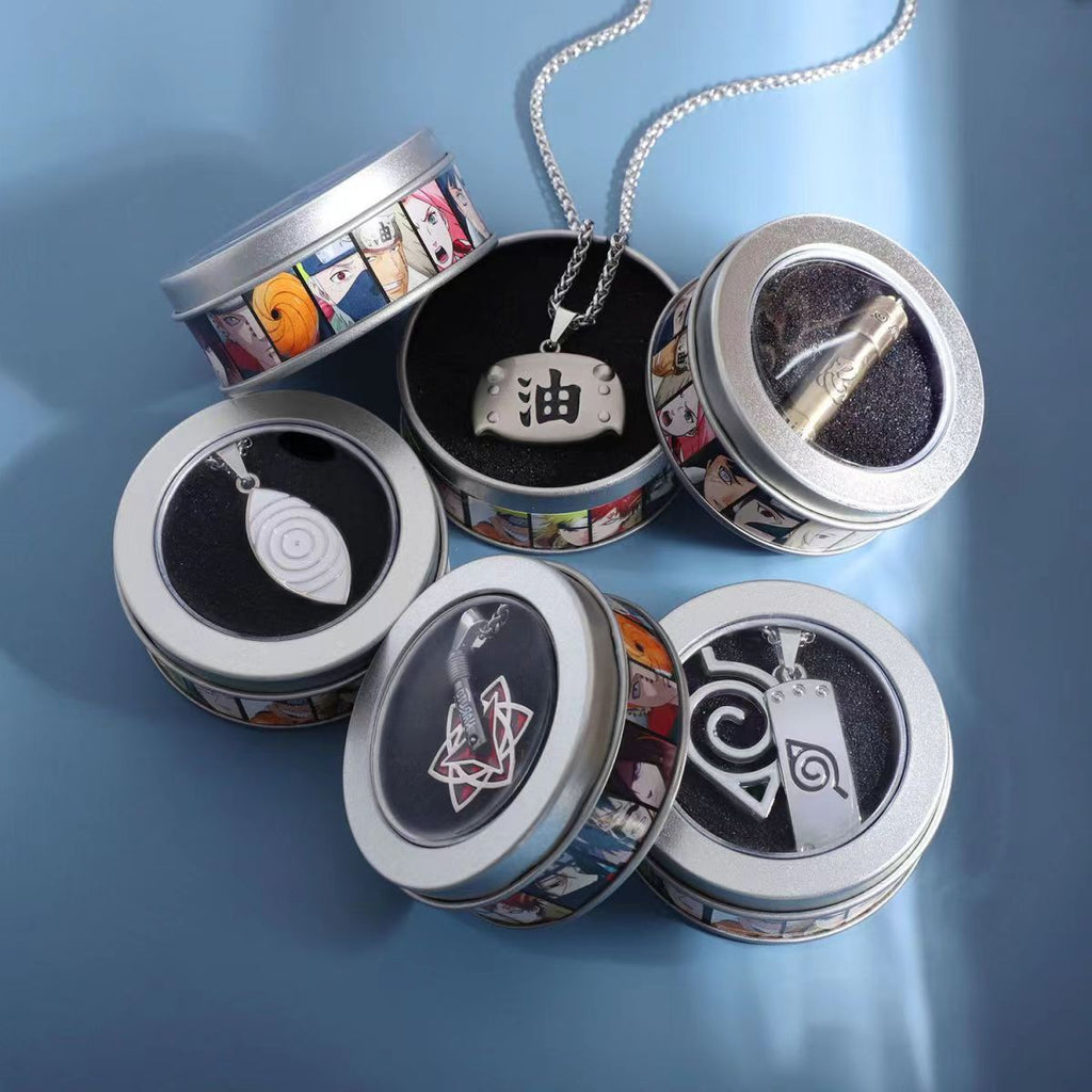 Naruto Akatsuki Cloud & Sharingan Stainless Steel Necklace Collectible Anime Accessory with Tin Box