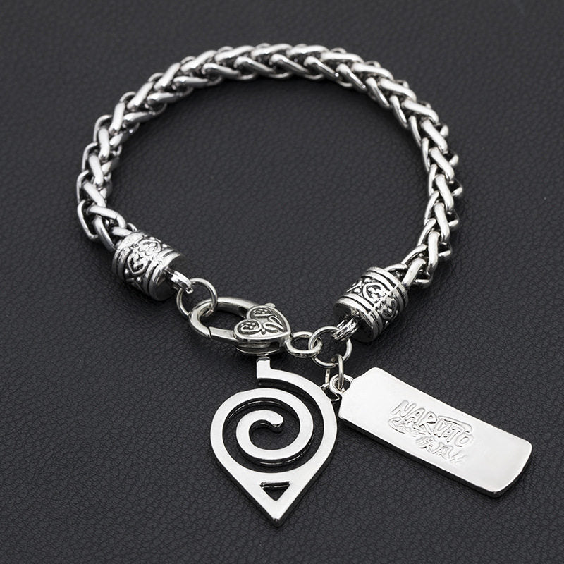 Uzumaki Naruto Hidden Leaf Village Symbol Charm Bracelet, Stainless Steel Adjustable Chain Bracelet with Ninja Tag Pendant, Cosplay Jewelry Gift for Fans