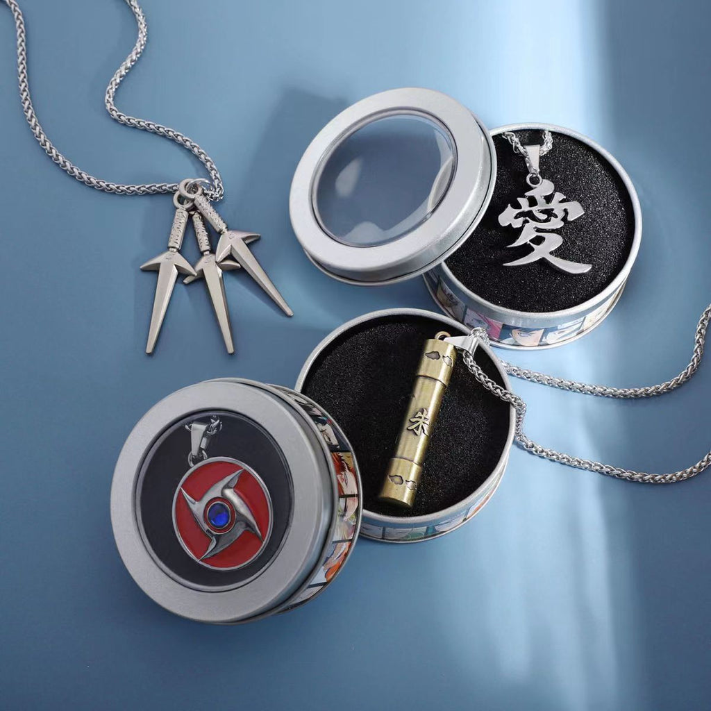 Naruto Akatsuki Cloud & Sharingan Stainless Steel Necklace Collectible Anime Accessory with Tin Box