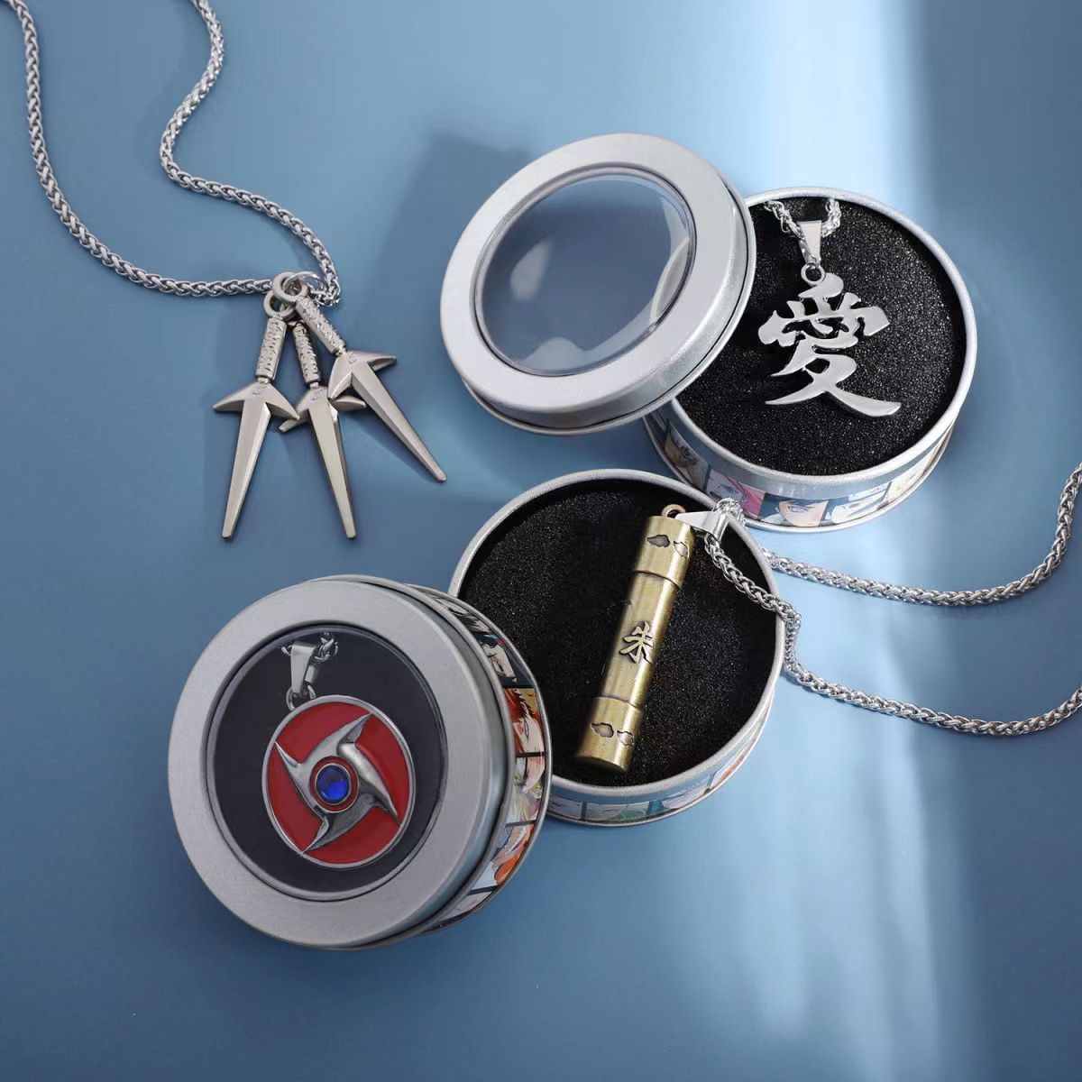Naruto Akatsuki Cloud & Sharingan Stainless Steel Necklace Collectible Anime Accessory with Tin Box