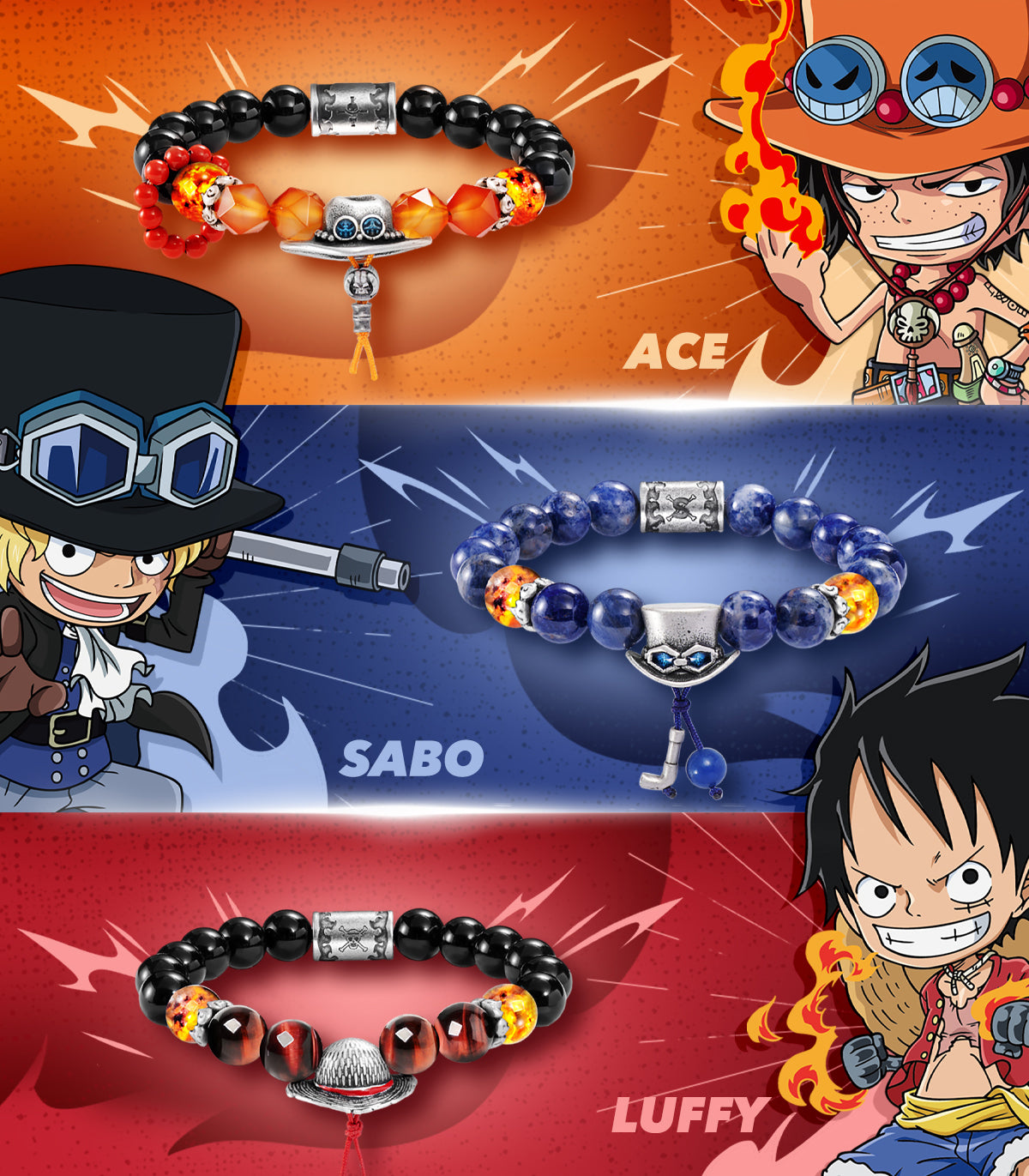 Ace/Sabo/Luffy Inspired Beaded Bracelets for Anime Fans