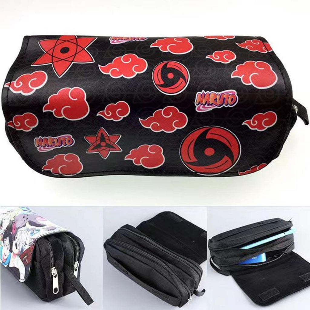 Akatsuki Cloud Wallet Sharingan Print PU Leather Purse Anime Card Holder & Pencil Case Set with Red Clouds and Star Design