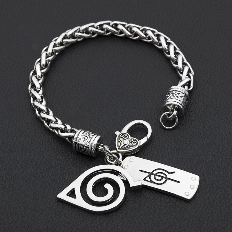 Uzumaki Naruto Hidden Leaf Village Symbol Charm Bracelet, Stainless Steel Adjustable Chain Bracelet with Ninja Tag Pendant, Cosplay Jewelry Gift for Fans