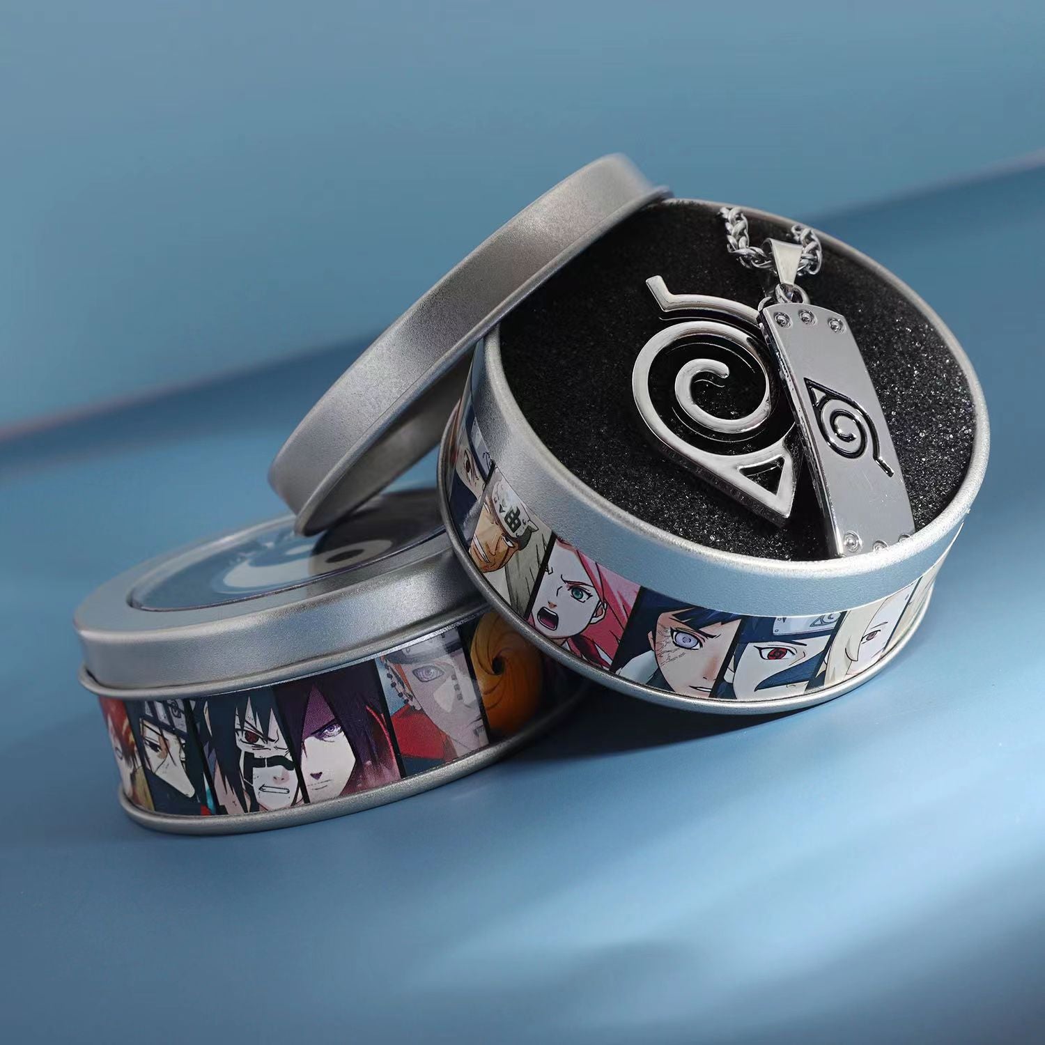 Naruto Akatsuki Cloud & Sharingan Stainless Steel Necklace Collectible Anime Accessory with Tin Box