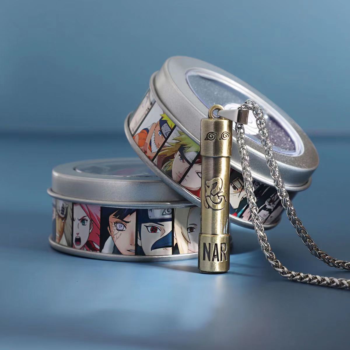 Naruto Akatsuki Cloud & Sharingan Stainless Steel Necklace Collectible Anime Accessory with Tin Box