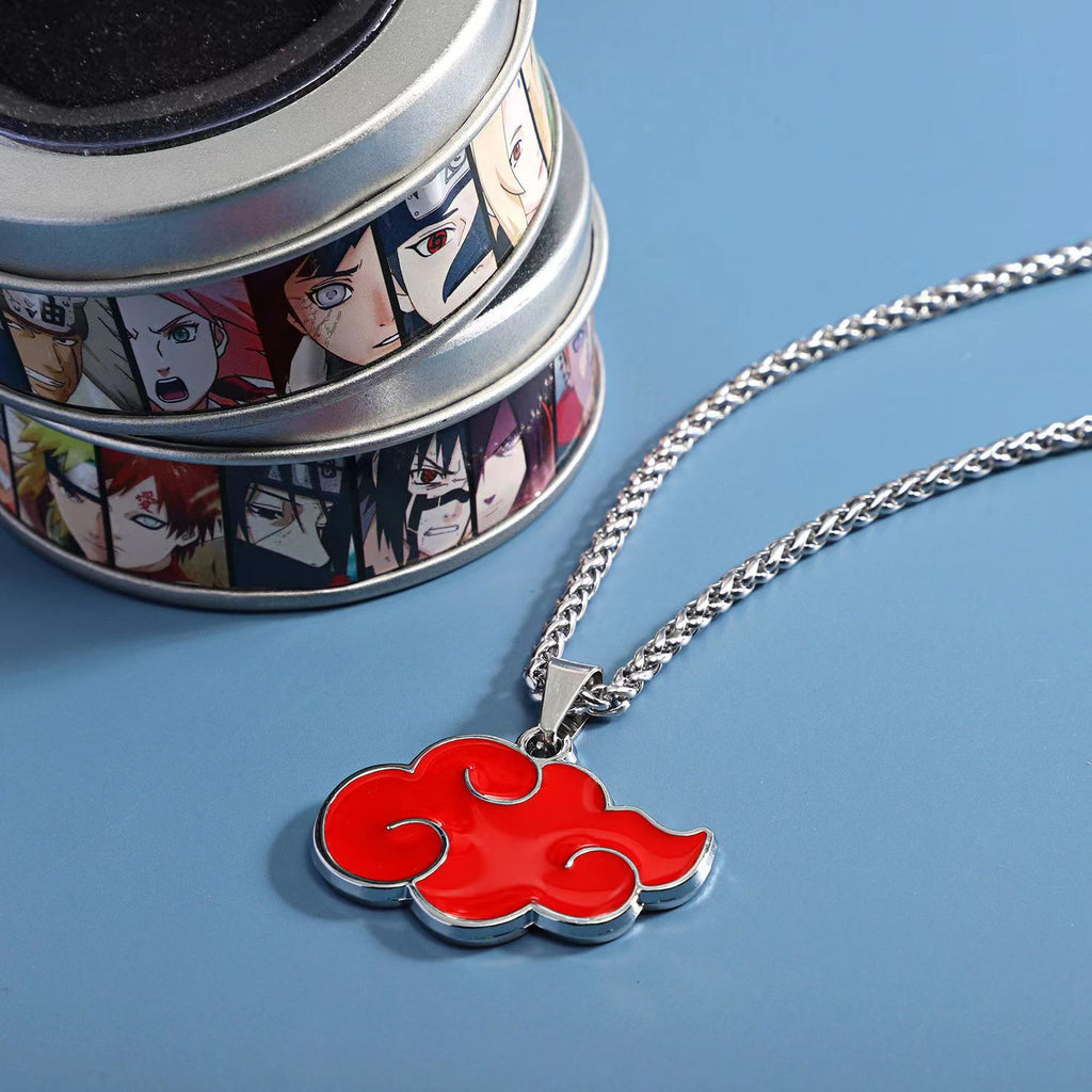 Naruto Akatsuki Cloud & Sharingan Stainless Steel Necklace Collectible Anime Accessory with Tin Box