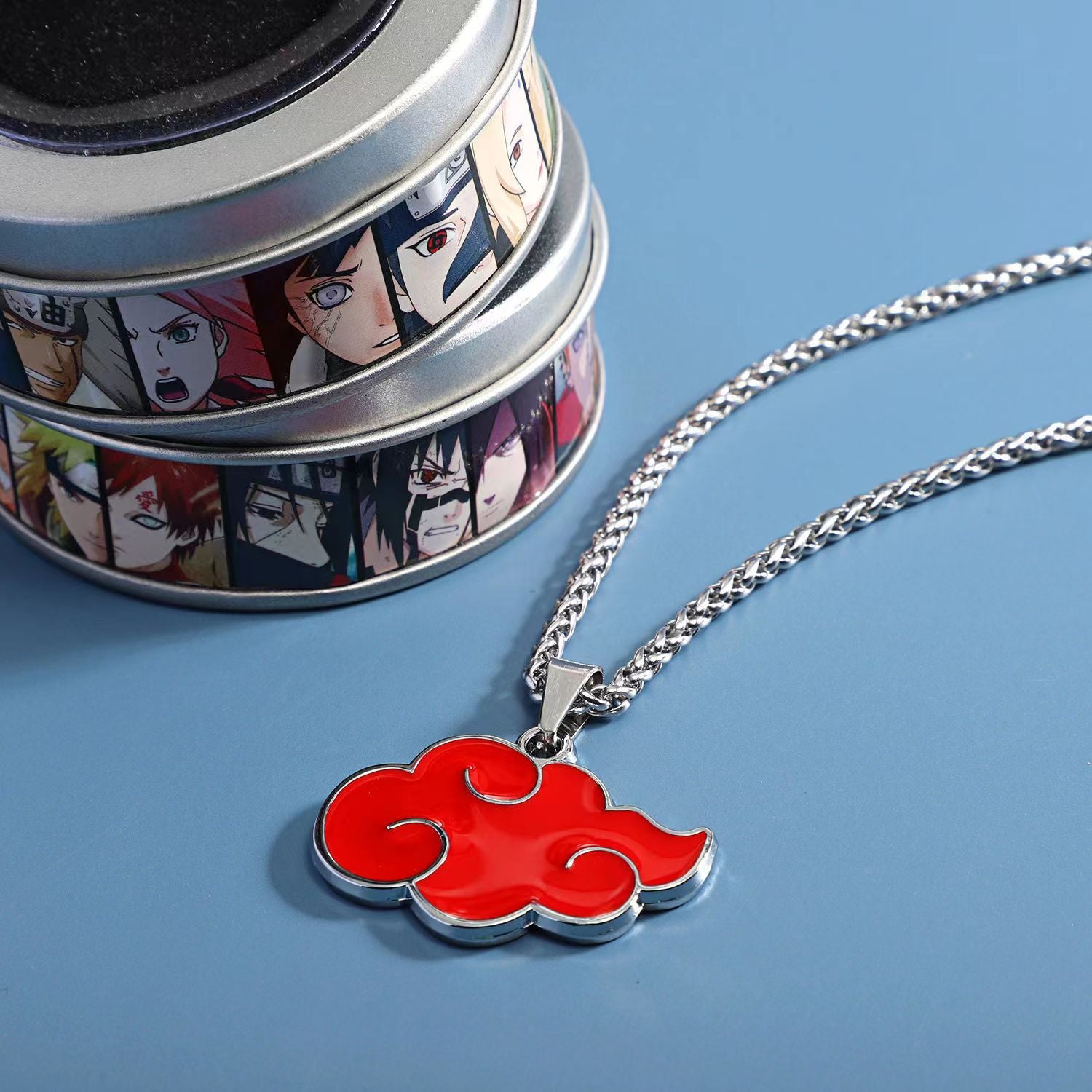 Naruto Akatsuki Cloud & Sharingan Stainless Steel Necklace Collectible Anime Accessory with Tin Box