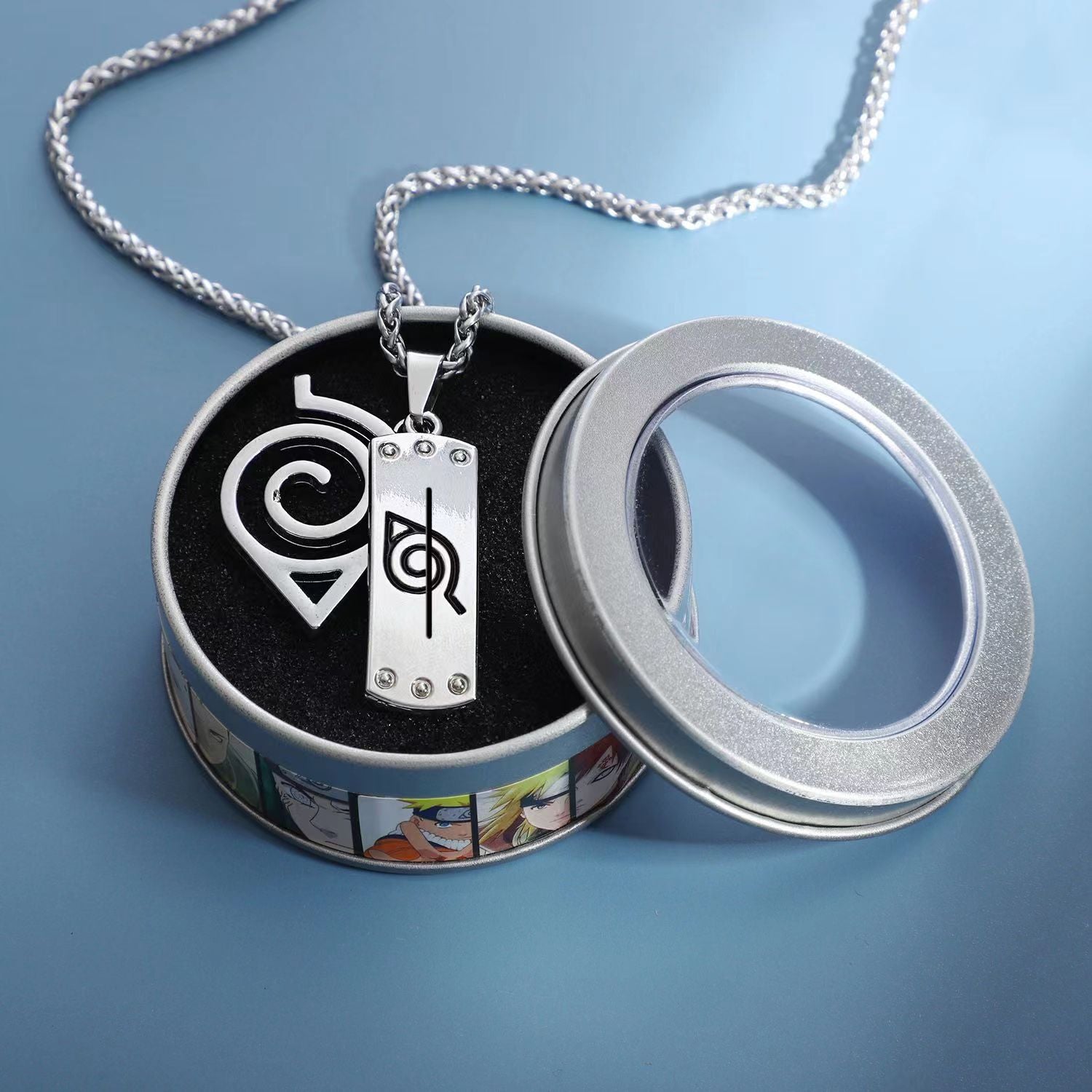 Naruto Akatsuki Cloud & Sharingan Stainless Steel Necklace Collectible Anime Accessory with Tin Box