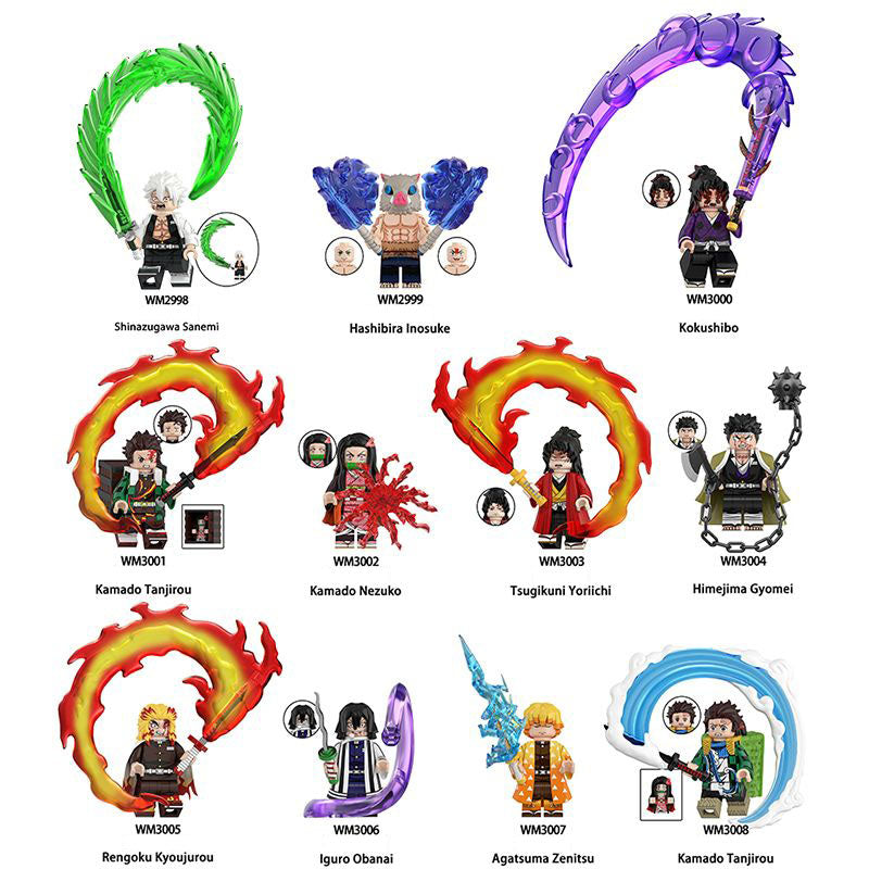 Tanjiro/Zenitsu/Inosuke Anime Minifigures Lego Compatible Blocks with Flame Water Effects Otaku Collectibles Featuring