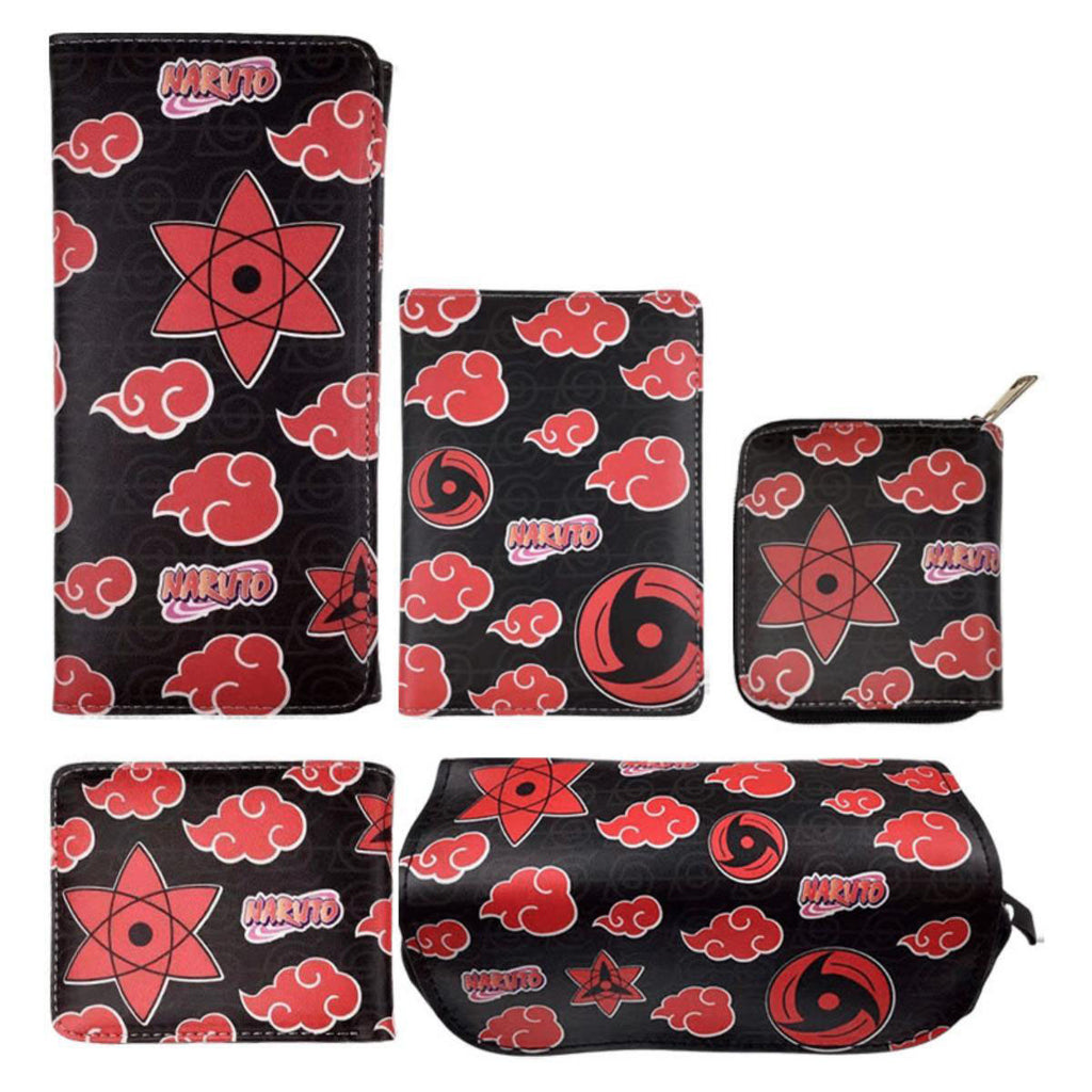 Akatsuki Cloud Wallet Sharingan Print PU Leather Purse Anime Card Holder & Pencil Case Set with Red Clouds and Star Design