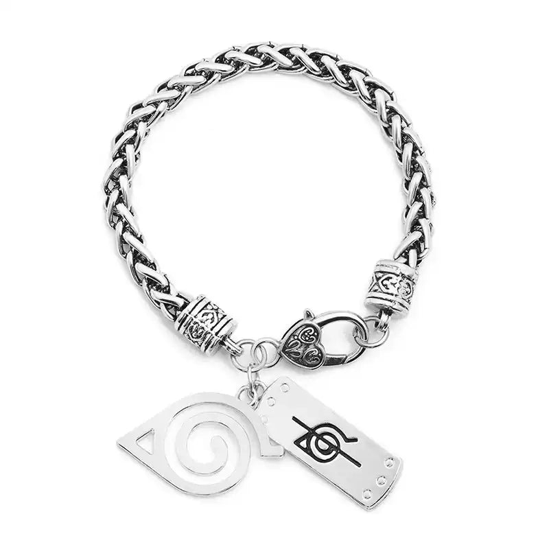 Uzumaki Naruto Hidden Leaf Village Symbol Charm Bracelet, Stainless Steel Adjustable Chain Bracelet with Ninja Tag Pendant, Cosplay Jewelry Gift for Fans
