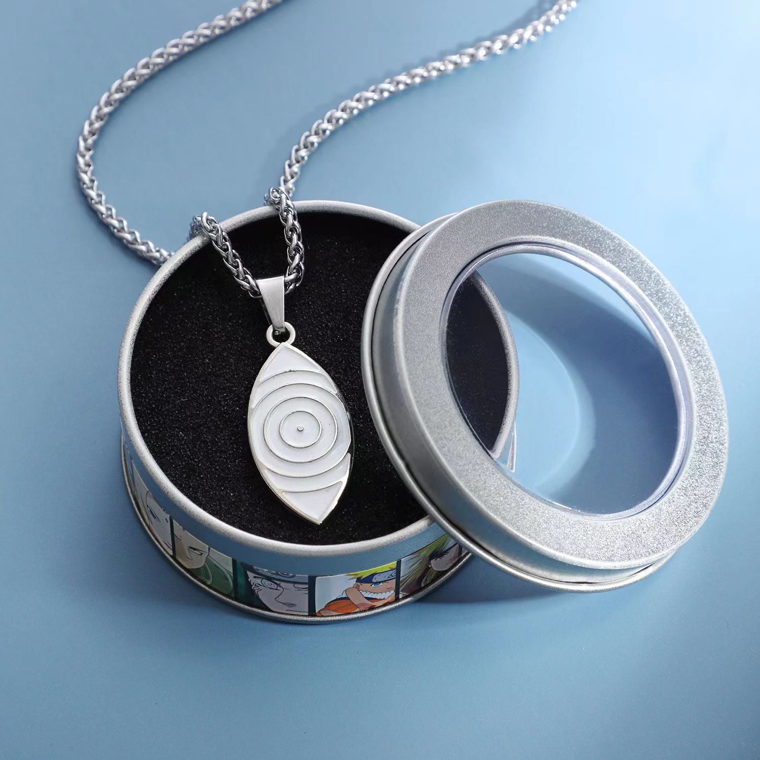 Naruto Akatsuki Cloud & Sharingan Stainless Steel Necklace Collectible Anime Accessory with Tin Box