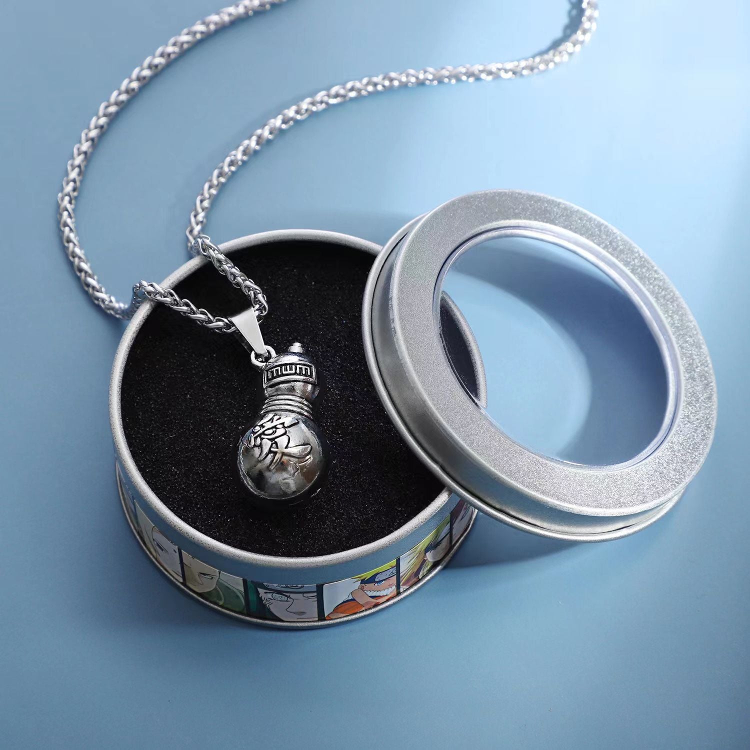 Naruto Akatsuki Cloud & Sharingan Stainless Steel Necklace Collectible Anime Accessory with Tin Box