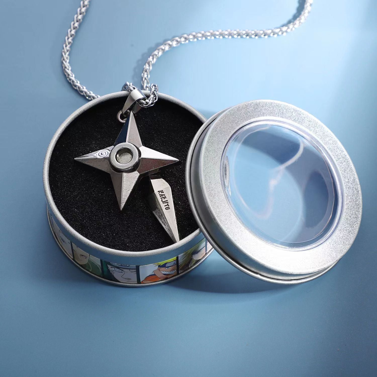 Naruto Akatsuki Cloud & Sharingan Stainless Steel Necklace Collectible Anime Accessory with Tin Box