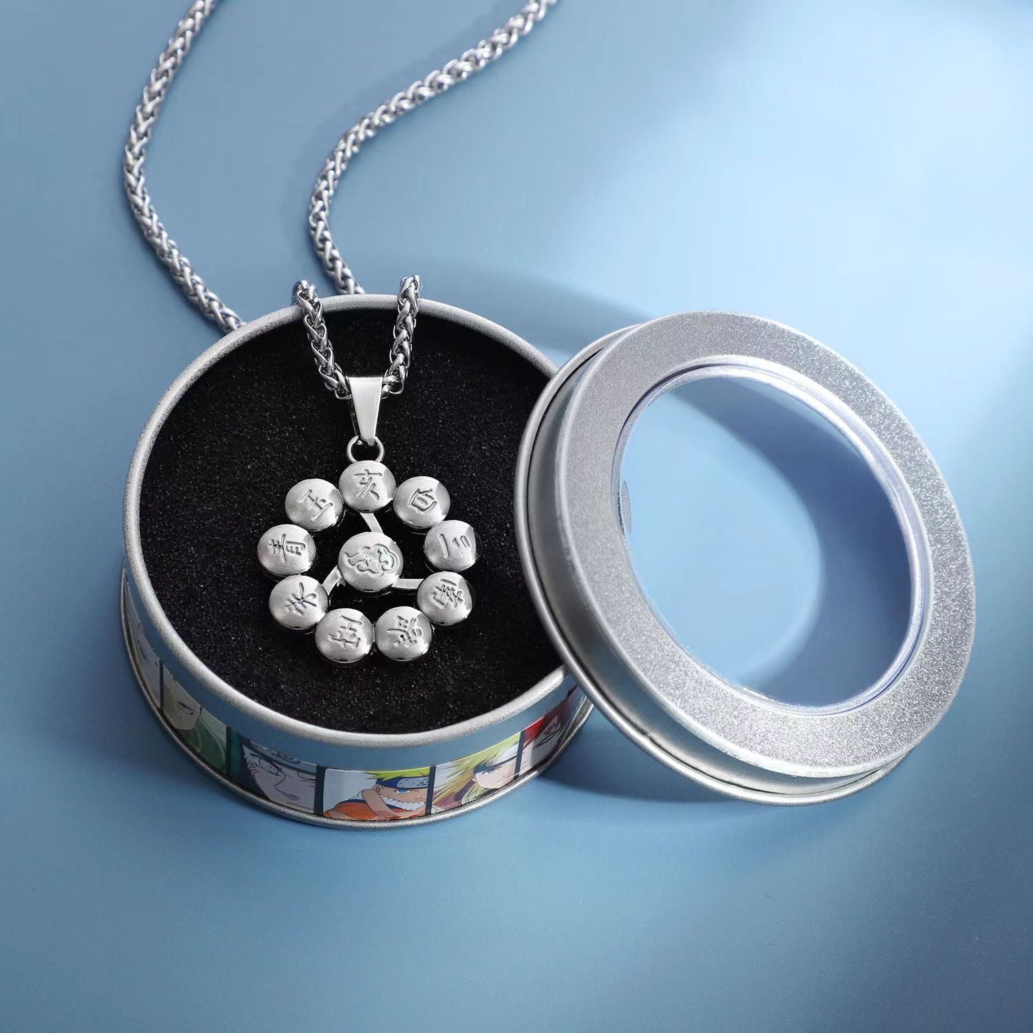 Naruto Akatsuki Cloud & Sharingan Stainless Steel Necklace Collectible Anime Accessory with Tin Box