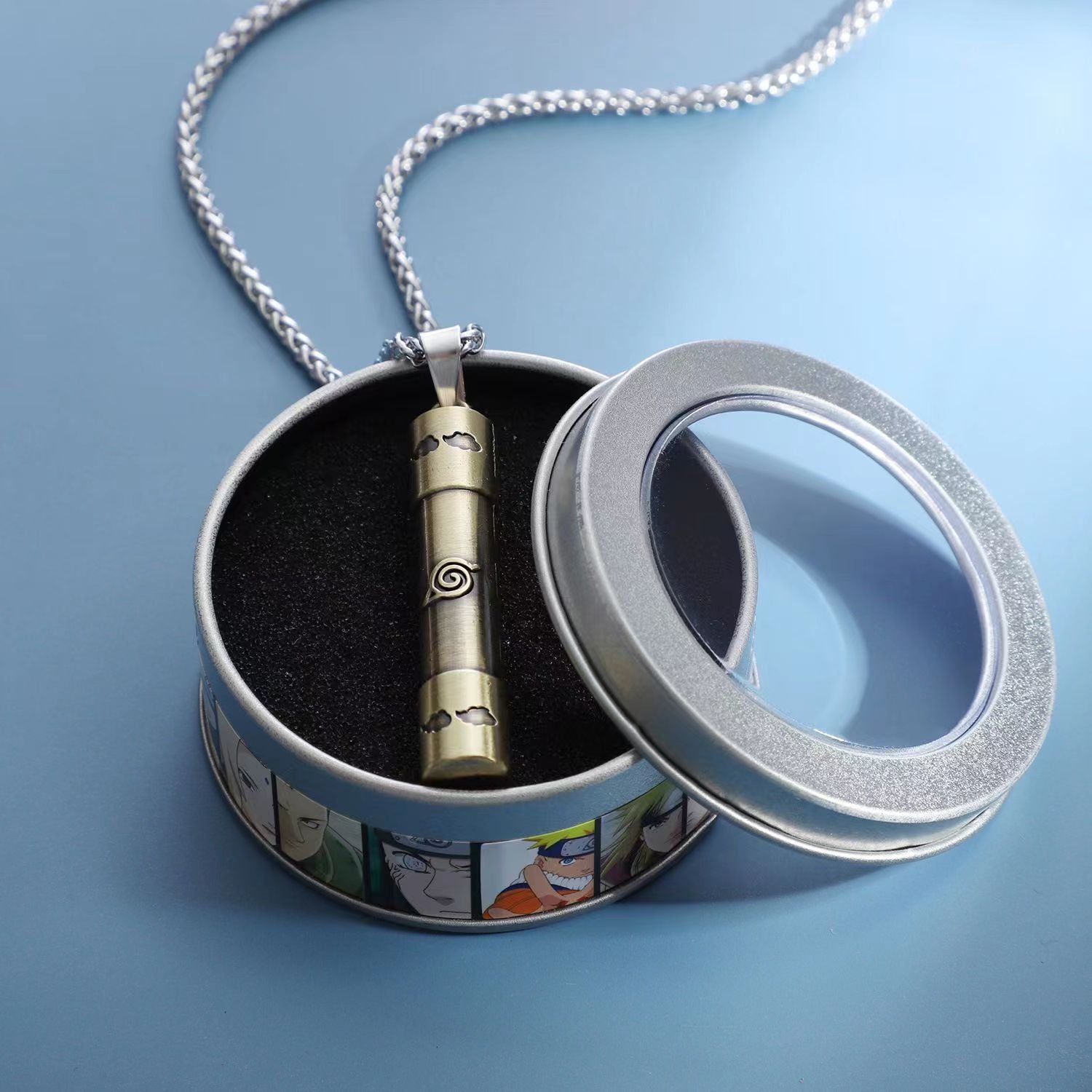 Naruto Akatsuki Cloud & Sharingan Stainless Steel Necklace Collectible Anime Accessory with Tin Box