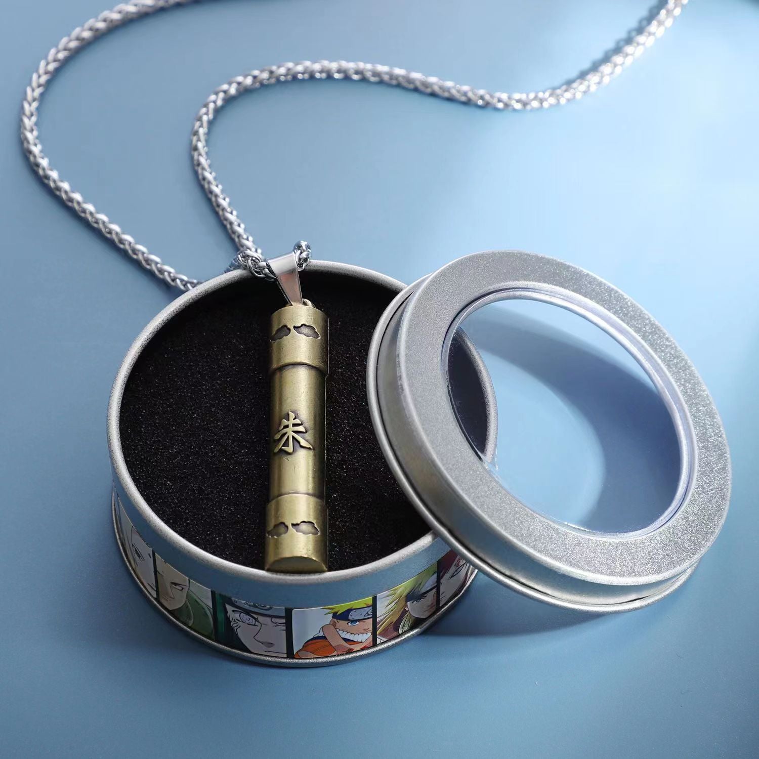 Naruto Akatsuki Cloud & Sharingan Stainless Steel Necklace Collectible Anime Accessory with Tin Box