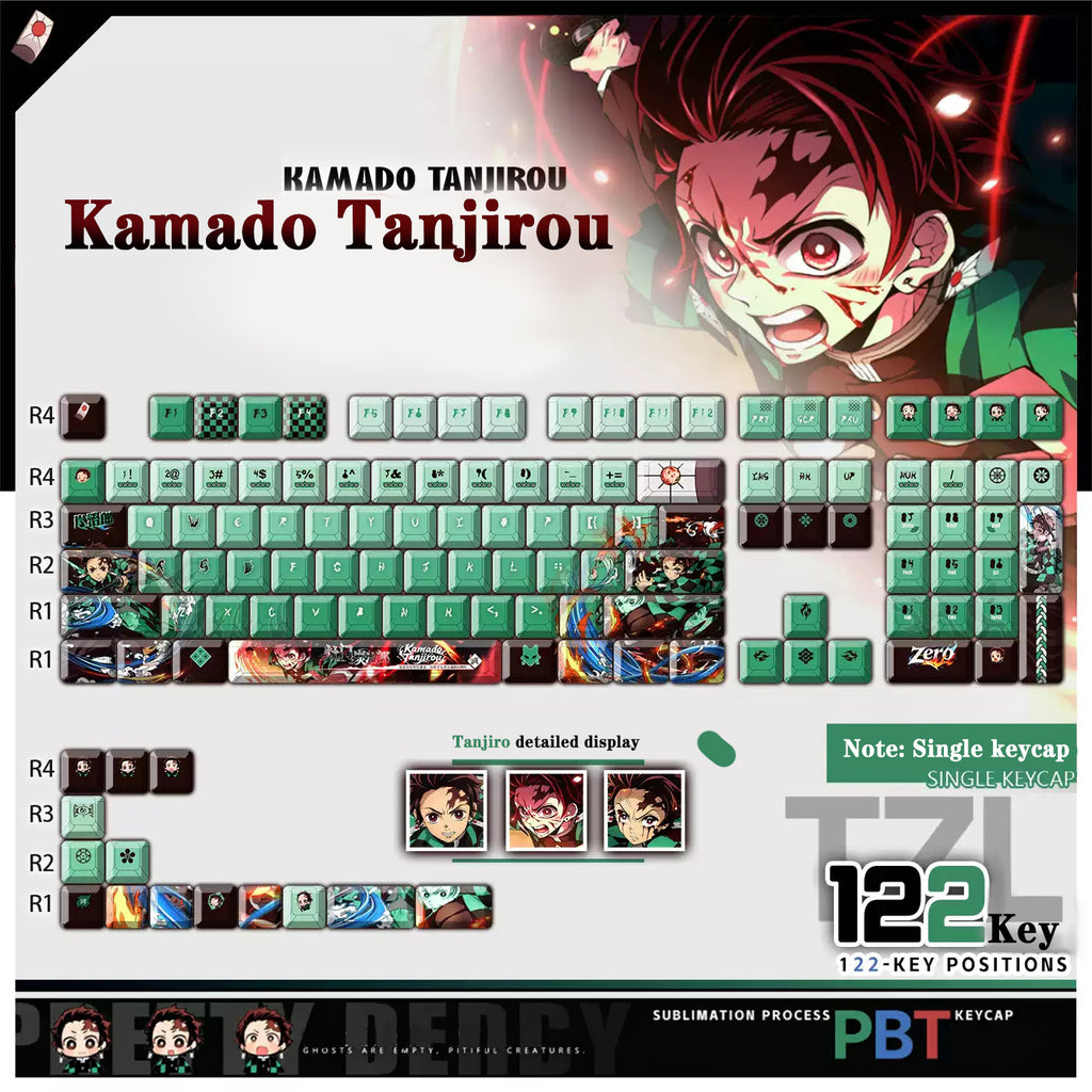 Kamado Tanjiro Keycaps 122 PBT Sublimation Keycap Set for Mechanical Keyboard with Detailed Display and Single Keycap Option
