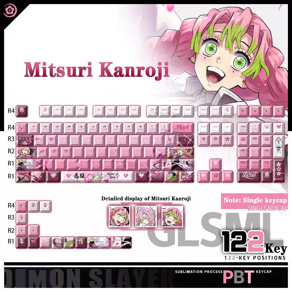 Kanroji Mitsuri Keycaps 122 PBT Sublimation Keycap Set for Mechanical Keyboard with Detailed Display and Single Keycap Option