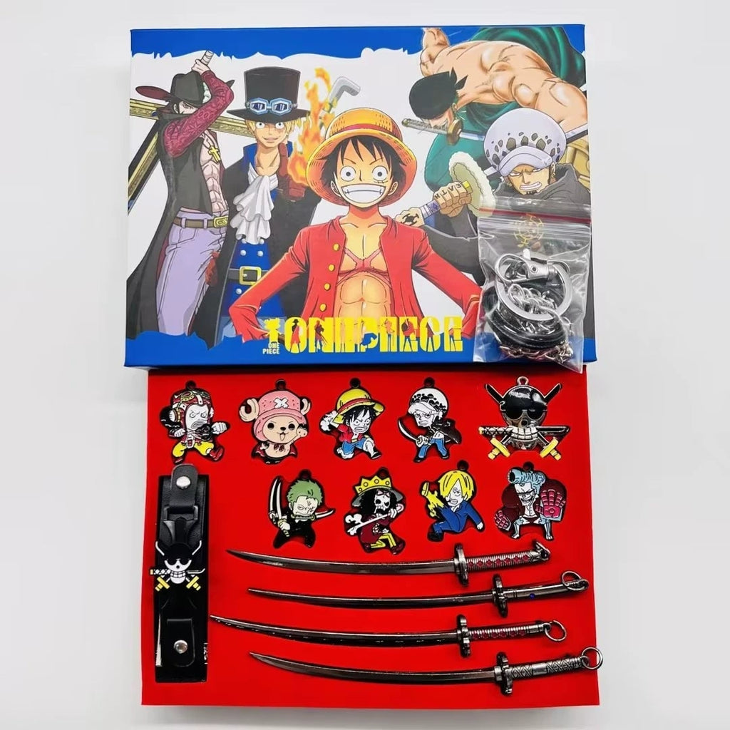 Luffy/Zoro Anime Collectible Gift Box Wanted Poster Keychains, Pins & Sword Charms Set