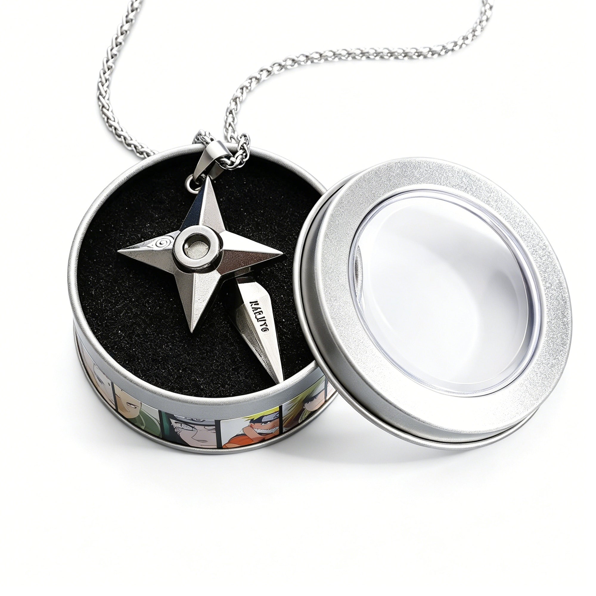Naruto Akatsuki Cloud & Sharingan Stainless Steel Necklace Collectible Anime Accessory with Tin Box