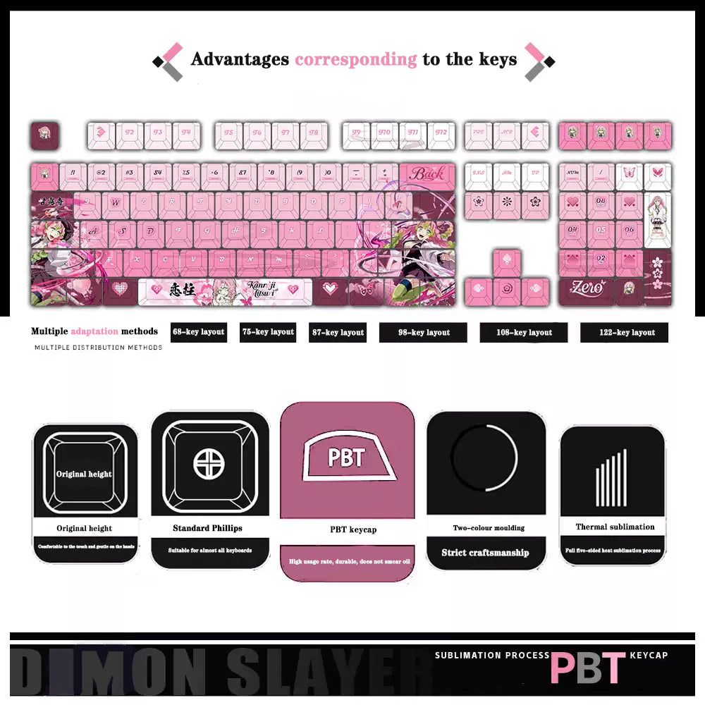 Kanroji Mitsuri Keycaps 122 PBT Sublimation Keycap Set for Mechanical Keyboard with Detailed Display and Single Keycap Option