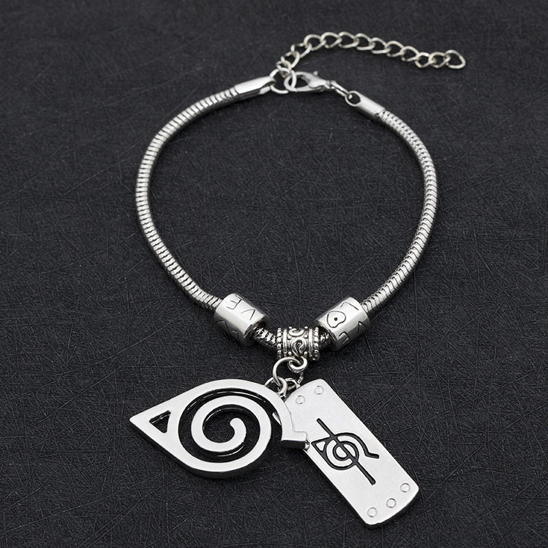 Uzumaki Naruto Hidden Leaf Village Symbol Charm Bracelet, Stainless Steel Adjustable Chain Bracelet with Ninja Tag Pendant, Cosplay Jewelry Gift for Fans