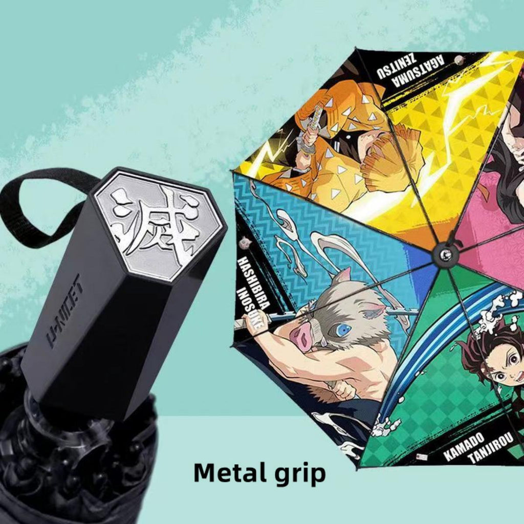 Tanjiro/Nezuko Foldable Umbrella with Character Print Full Metal Handle Anime Rain Gear for Fans
