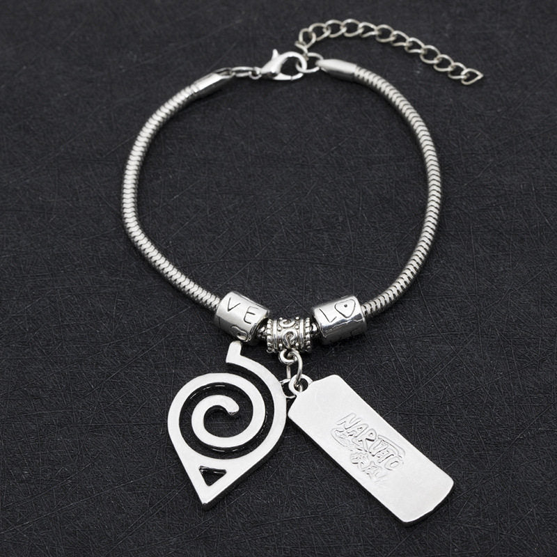Uzumaki Naruto Hidden Leaf Village Symbol Charm Bracelet, Stainless Steel Adjustable Chain Bracelet with Ninja Tag Pendant, Cosplay Jewelry Gift for Fans