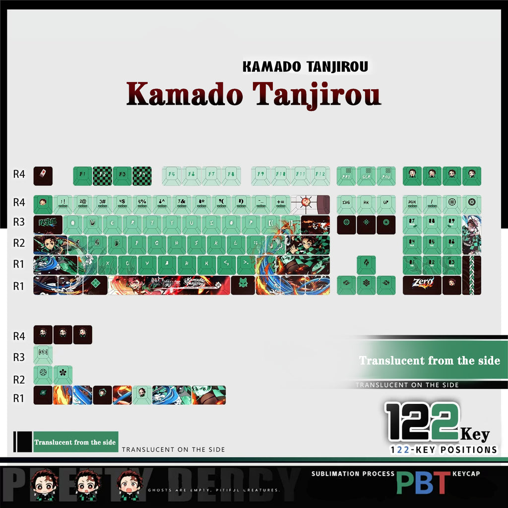 Kamado Tanjiro Keycaps 122 PBT Sublimation Keycap Set for Mechanical Keyboard with Detailed Display and Single Keycap Option