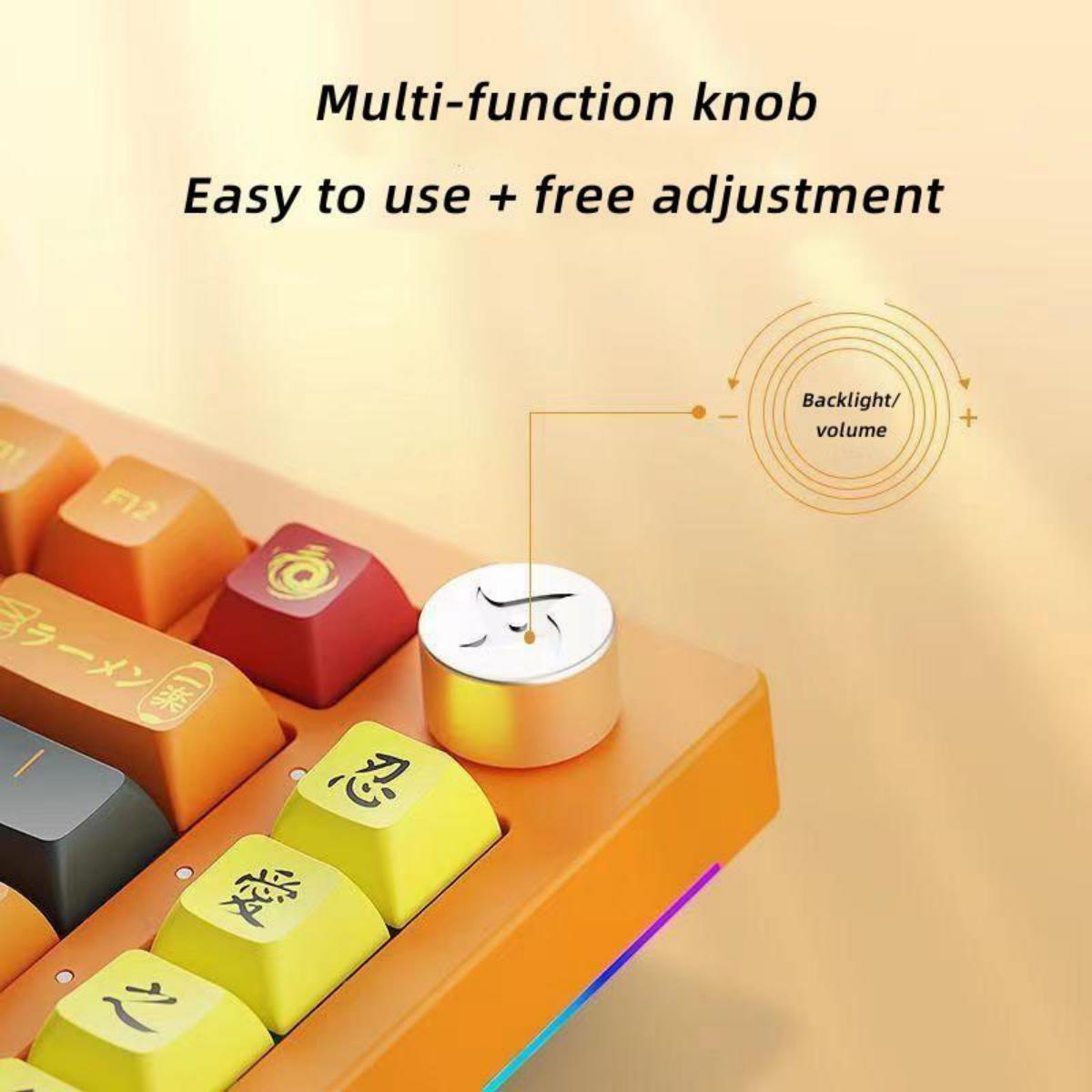 Uzumaki Naruto Themed Mechanical Keyboard, Hot-Swappable RGB Gaming Keyboard with Custom PBT Keycaps, Knob Control & Anime Style Artisan Keycap
