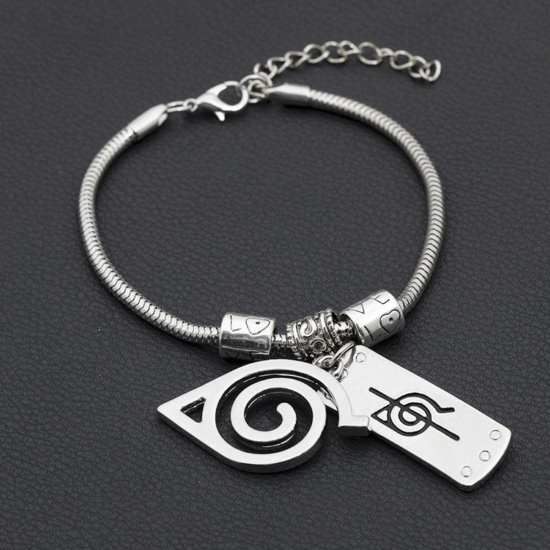 Uzumaki Naruto Hidden Leaf Village Symbol Charm Bracelet, Stainless Steel Adjustable Chain Bracelet with Ninja Tag Pendant, Cosplay Jewelry Gift for Fans
