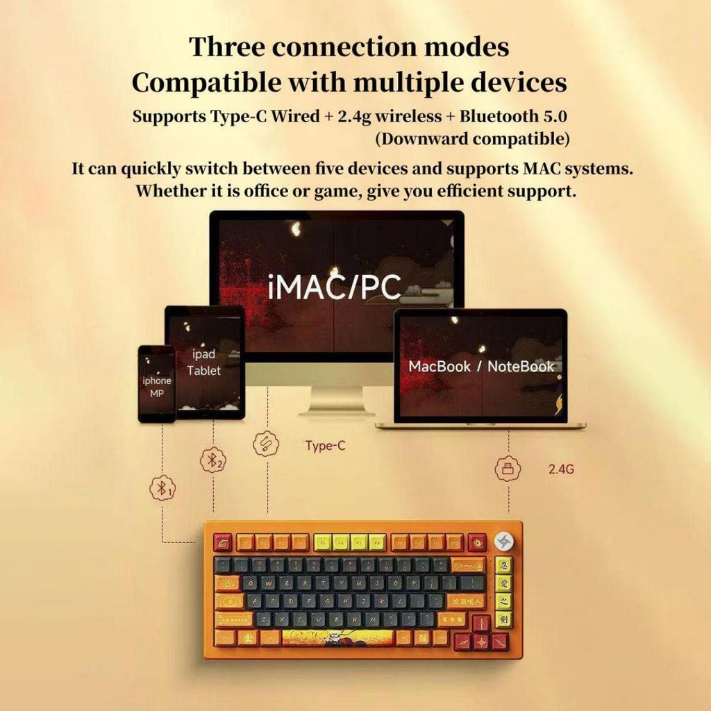 Uzumaki Naruto Themed Mechanical Keyboard, Hot-Swappable RGB Gaming Keyboard with Custom PBT Keycaps, Knob Control & Anime Style Artisan Keycap