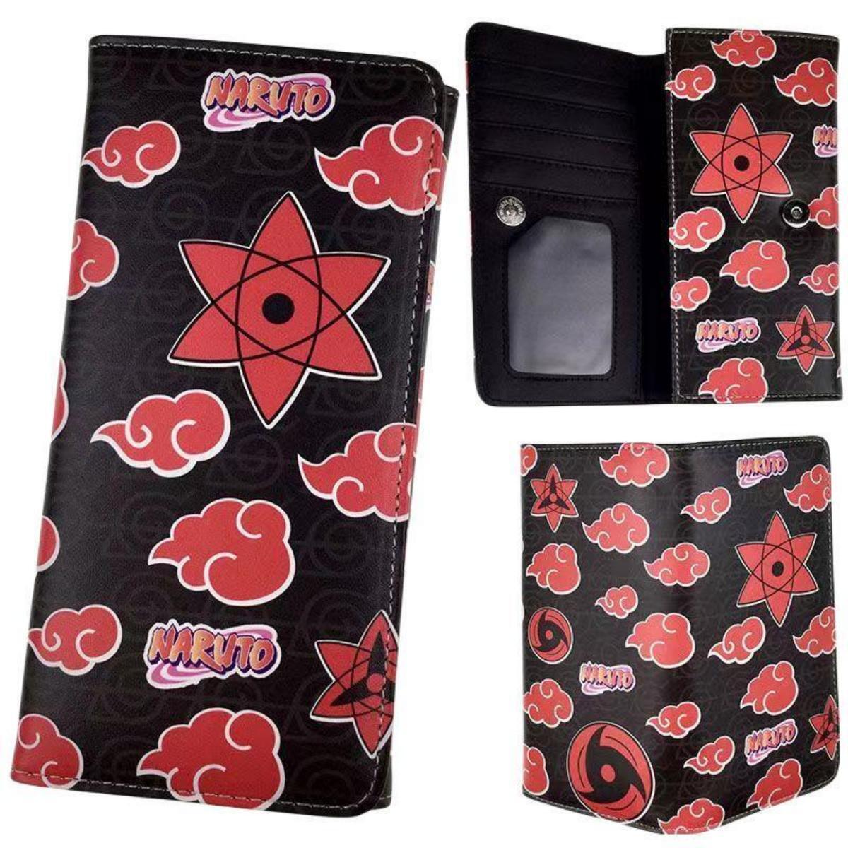 Akatsuki Cloud Wallet Sharingan Print PU Leather Purse Anime Card Holder & Pencil Case Set with Red Clouds and Star Design