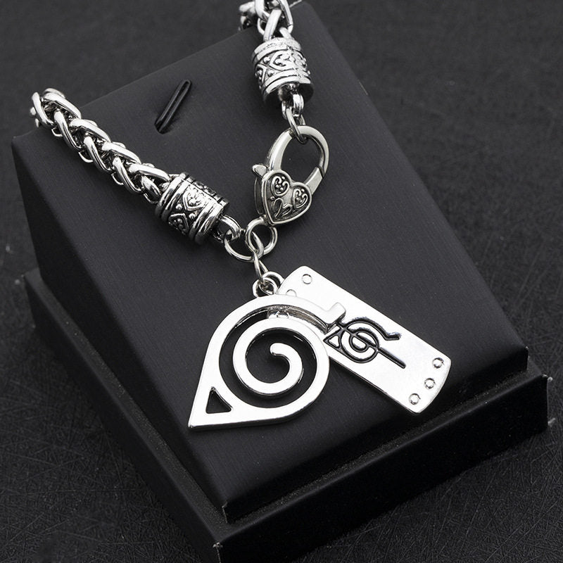 Uzumaki Naruto Hidden Leaf Village Symbol Charm Bracelet, Stainless Steel Adjustable Chain Bracelet with Ninja Tag Pendant, Cosplay Jewelry Gift for Fans