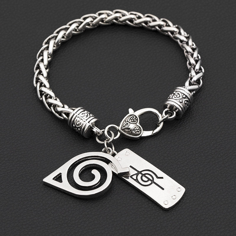 Uzumaki Naruto Hidden Leaf Village Symbol Charm Bracelet, Stainless Steel Adjustable Chain Bracelet with Ninja Tag Pendant, Cosplay Jewelry Gift for Fans