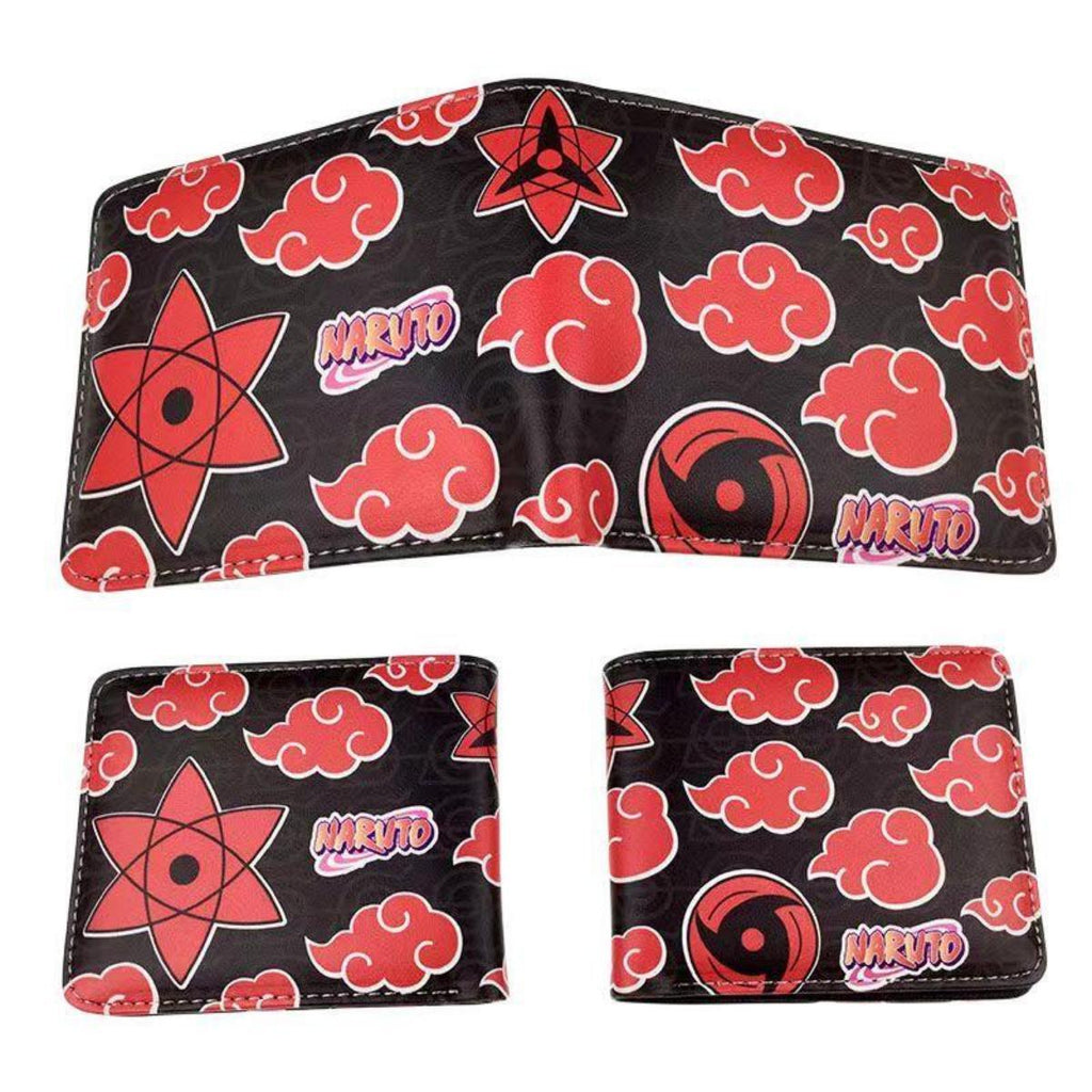 Akatsuki Cloud Wallet Sharingan Print PU Leather Purse Anime Card Holder & Pencil Case Set with Red Clouds and Star Design